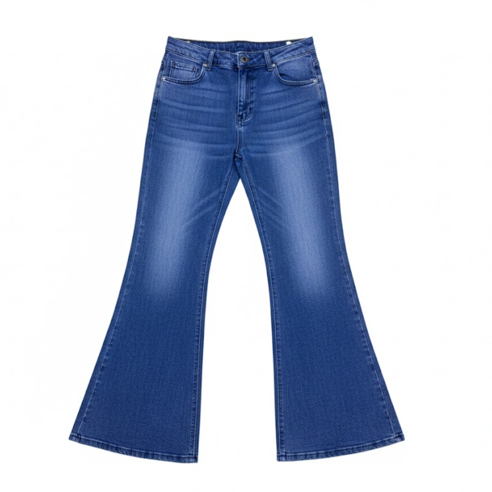 Blue Denim Flared Jeans with Washed Effect